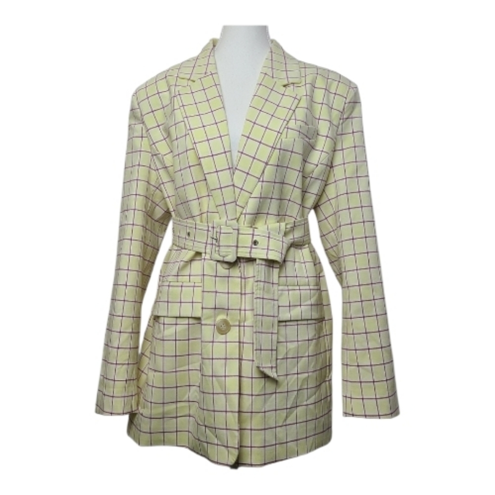 Stella Nova Mirella Yellow Checkered Blazer Belted Oversized Jacket 21" PTP